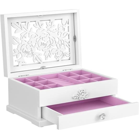 Jewelry Box, 2-Tier Jewelry Organizer with Flower Carvings, Drawer, Gift